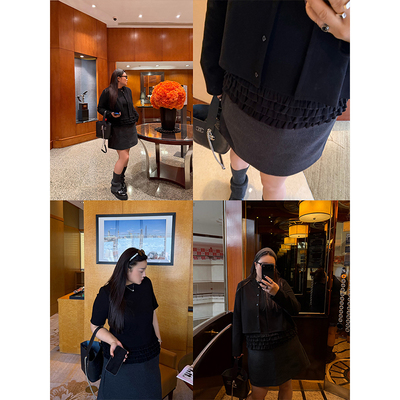 铅笔小鑫大码女装叠穿tips遮肉廓形短袖花边保暖T恤+外套 两件套