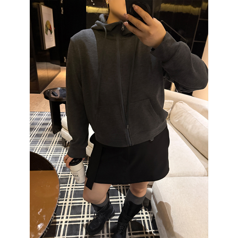 铅笔小鑫大码女装 连帽抽绳 复古纯色 显瘦拉链卫衣外套