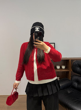 铅笔小鑫大码女装 氛围感圣诞新年假两件撞色针织开衫