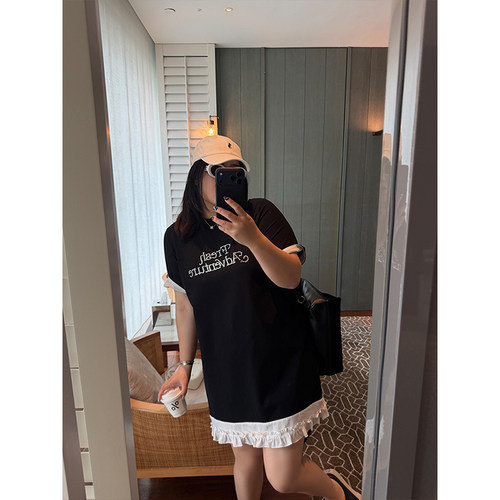 铅笔小鑫大码女装重工烫钻吸睛撞色花边下摆显瘦连衣裙