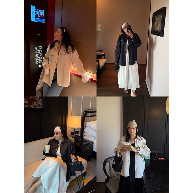 铅笔小鑫大码女装复古简约宽松显瘦潮款大码牛仔衬衫外套