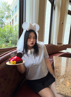 铅笔小鑫大码女装精致时髦感显瘦立体花朵装饰撞色翻领T恤