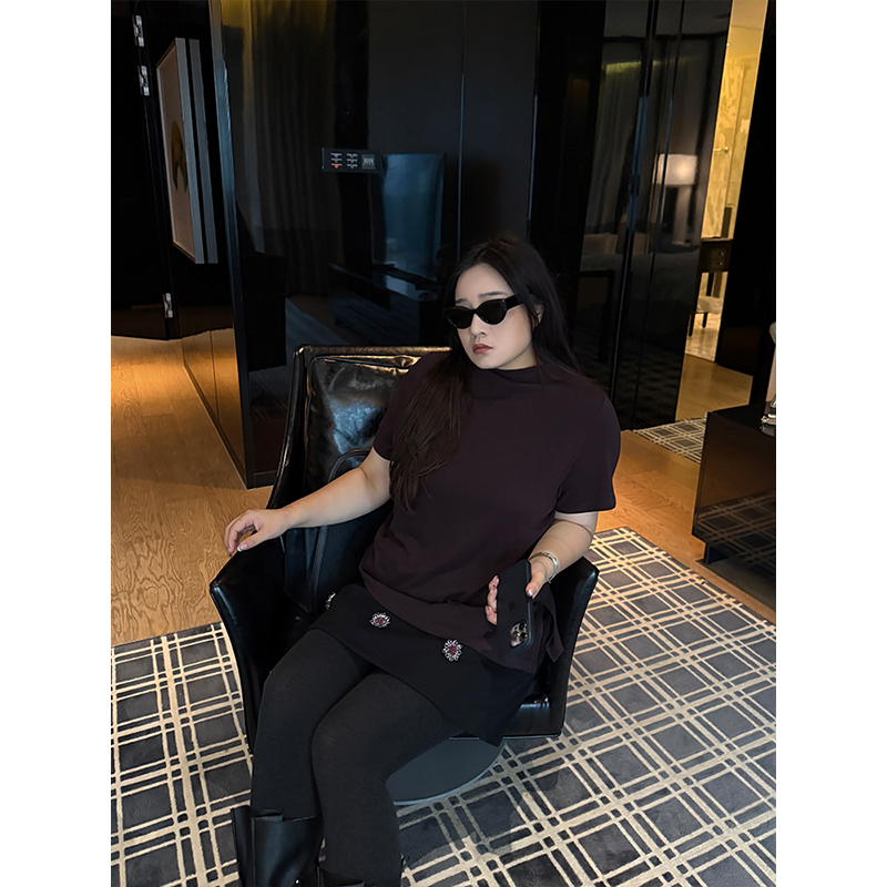 铅笔小鑫大码女装 亲肤弹力 吸睛小高领 修身显瘦短袖T恤上衣