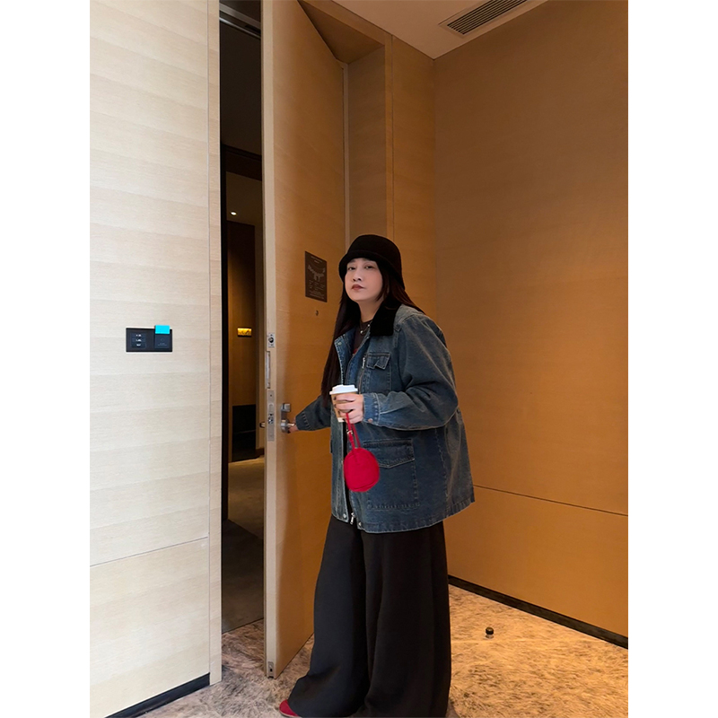 铅笔小鑫大码女装 复古撞色 保暖夹棉 可收腰显瘦工装牛仔外套