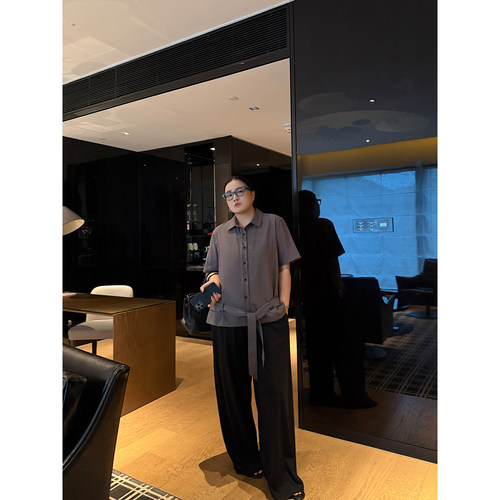 现货！铅笔小鑫大码女装慵懒气质简约灰调飘带收腰复古衬衫