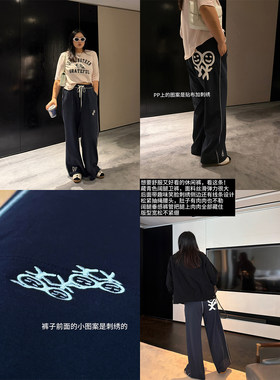 铅笔小鑫大码女装搞怪贴布刺绣垂感休闲遮肉系带长裤