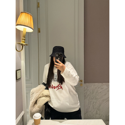 铅笔小鑫大码女装复古印花 绒感秋冬保暖正肩宽松长袖T恤