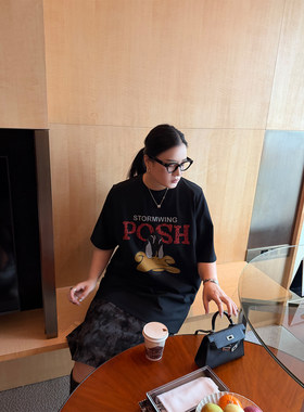 铅笔小鑫大码女装美式万搭显瘦趣味卡通字母印花T恤