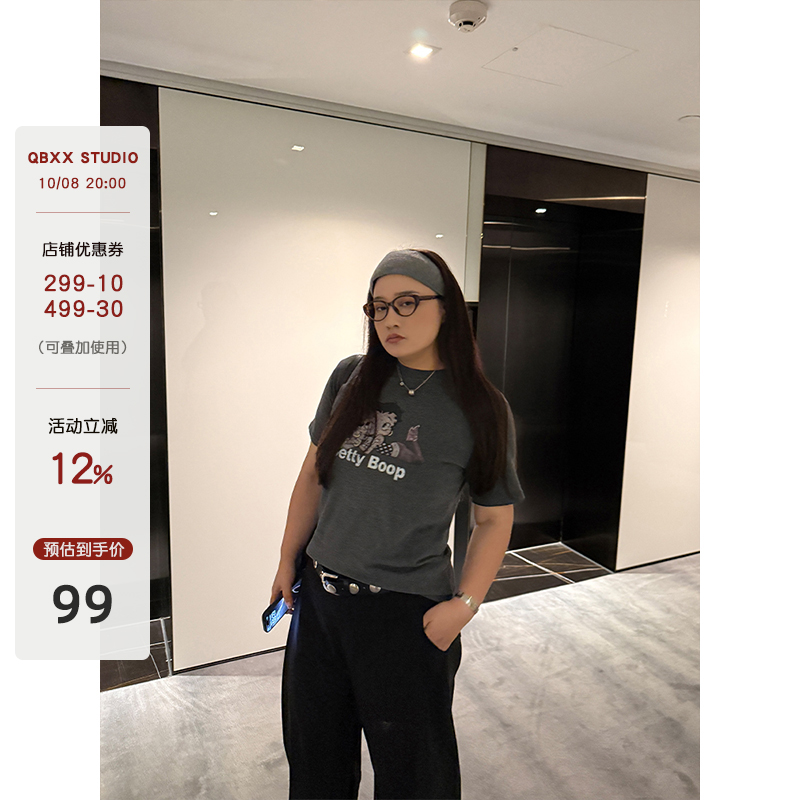 铅笔小鑫大码女装 修饰身型 卡通印花 遮肉短袖T恤