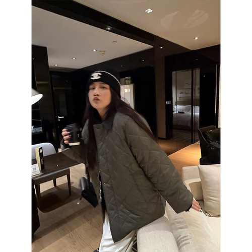 铅笔小鑫大码女装保暖夹棉灯芯绒复古翻领拼接菱格棉服