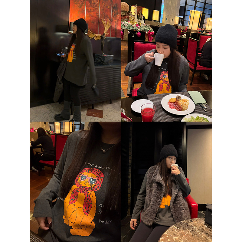 铅笔小鑫大码女装趣味小猫复古印花美式街头绒感长袖T恤