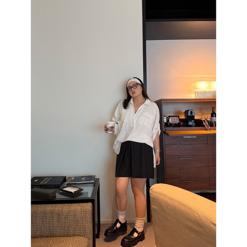 铅笔小鑫大码女装老钱风翻领松弛卷边袖百搭显瘦衬衫