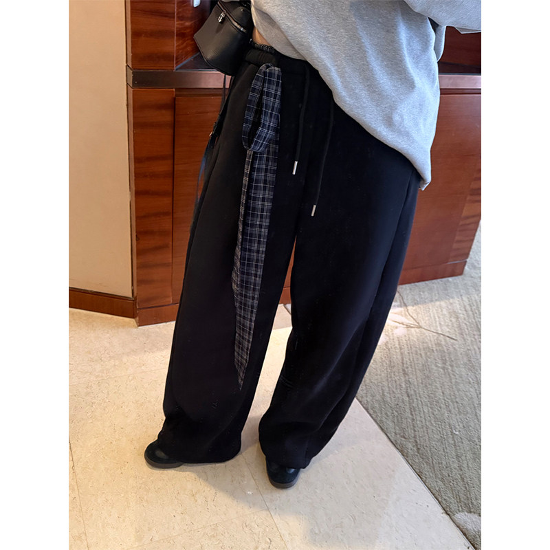 铅笔小鑫大码女装美式休闲宽松格纹腰带加绒阔腿裤