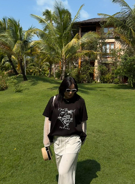 铅笔小鑫大码女装休闲趣味印花拼接网纱假两件显瘦T恤