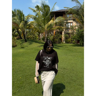 铅笔小鑫大码女装休闲趣味印花拼接网纱假两件显瘦T恤