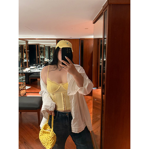 铅笔小鑫大码女装 法式吊带 蕾丝花边 V领露背修身显瘦背心