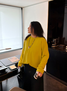 铅笔小鑫大码女装显摆纯色春日慵懒复古插肩长袖T恤