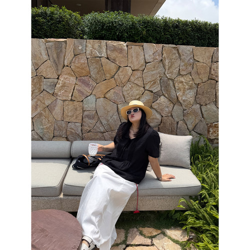 铅笔小鑫大码女装满分爱自留款宽松遮肉压褶泡泡袖上衣