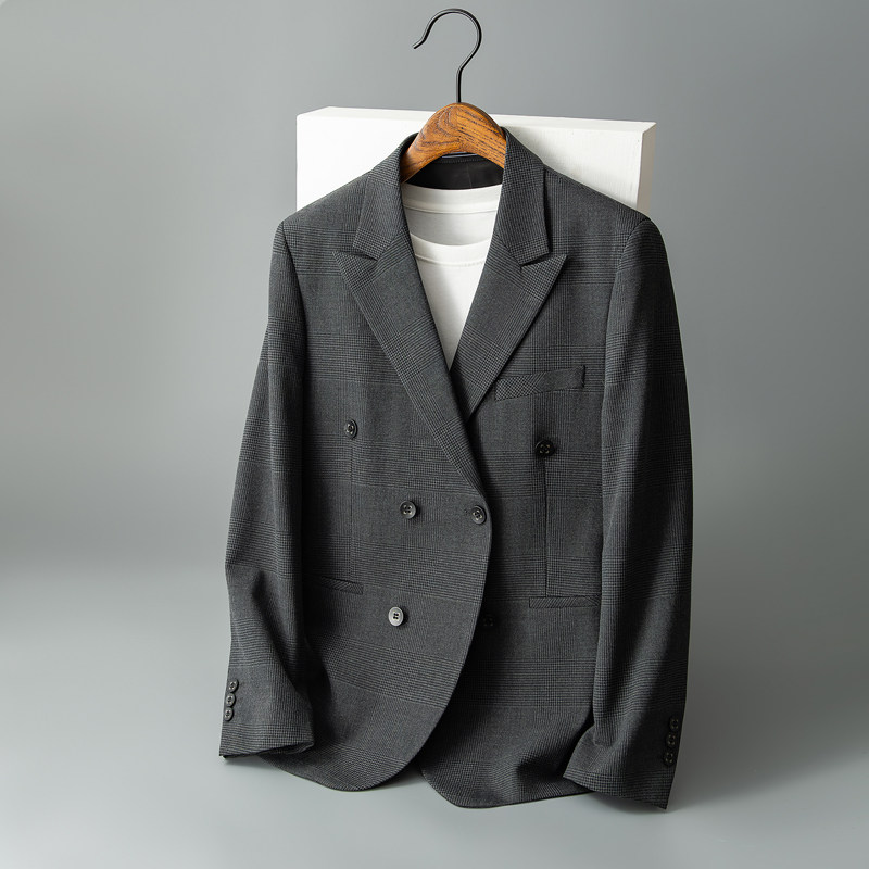 新款秋冬新款男士西装加厚休闲格子戗驳领双排扣西服外套2502P175,男装西服,电商D225