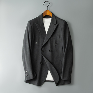 新款秋冬新款男士西装加厚休闲格子戗驳领双排扣西服外套2502P175图片