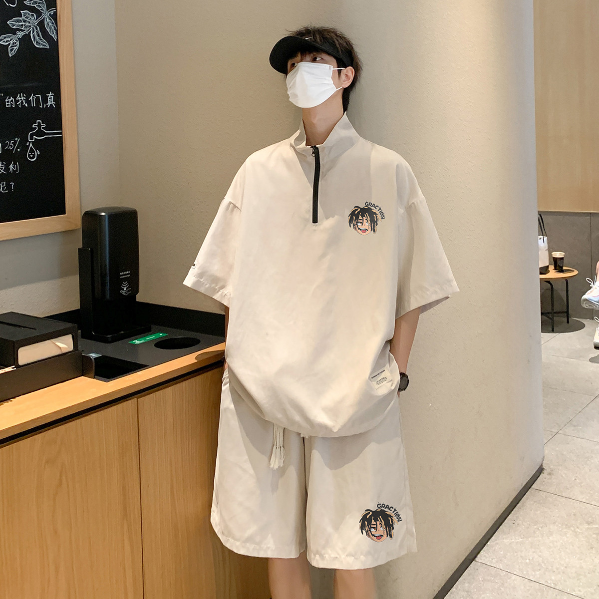 港风23夏季时尚半拉链短袖潮流百搭短裤五分裤套装TZ760P65控98图片