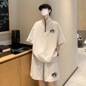 港风23夏季时尚半拉链短袖潮流百搭短裤五分裤套装TZ760P65控98图片