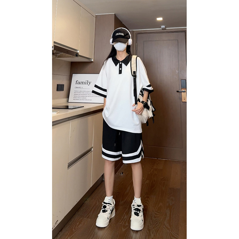 夏季潮流织带短袖翻领POLO衫短裤休闲运动套装TZ825特批P60控98,男装T恤,电商A247