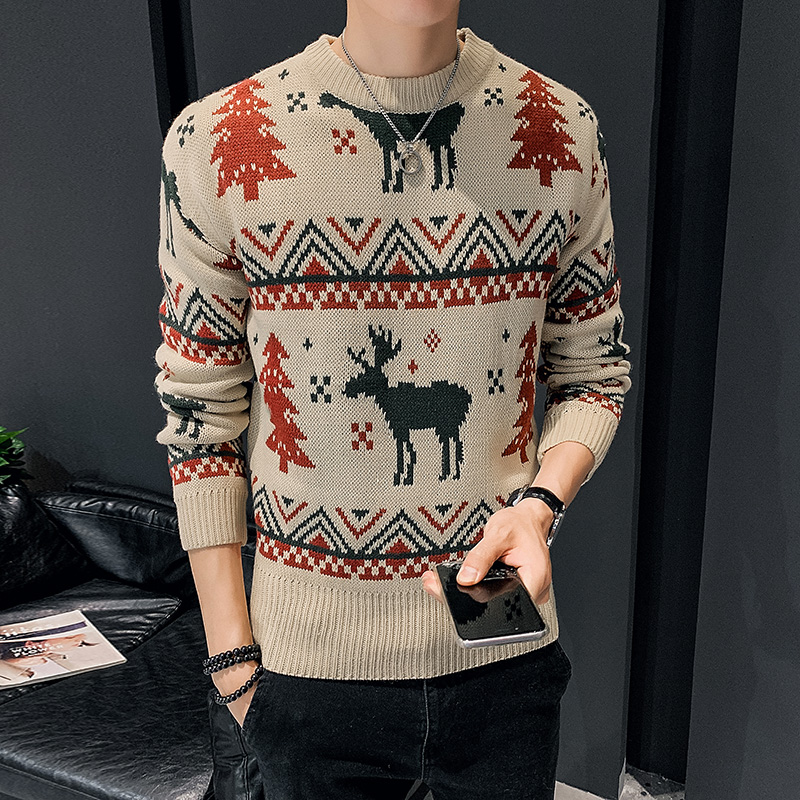 Chao Men's Thickened Coarse Needle Sweater, Deer Jacquard Round Neck Sweater in Winter