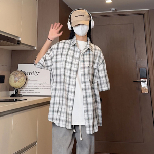 夏季潮流薄款格子衬衣清凉宽松短袖衬衫S228特批P35控58