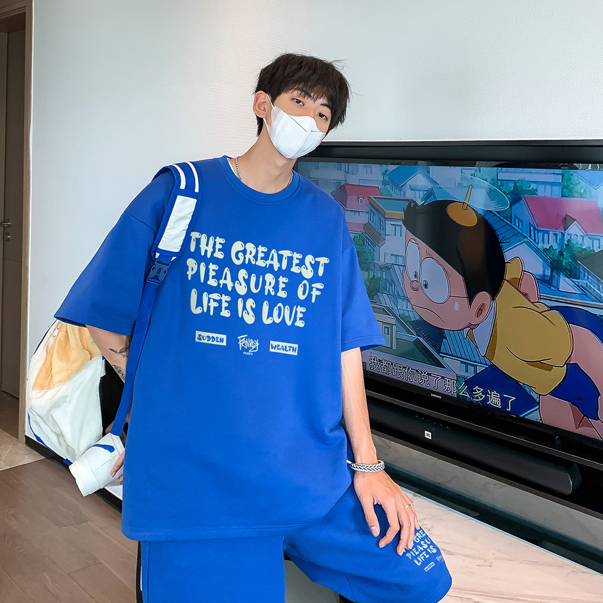 港风23夏季时尚字母印花休闲运动套装短袖短裤TZ61P50控68,男装休闲套装,电商A247