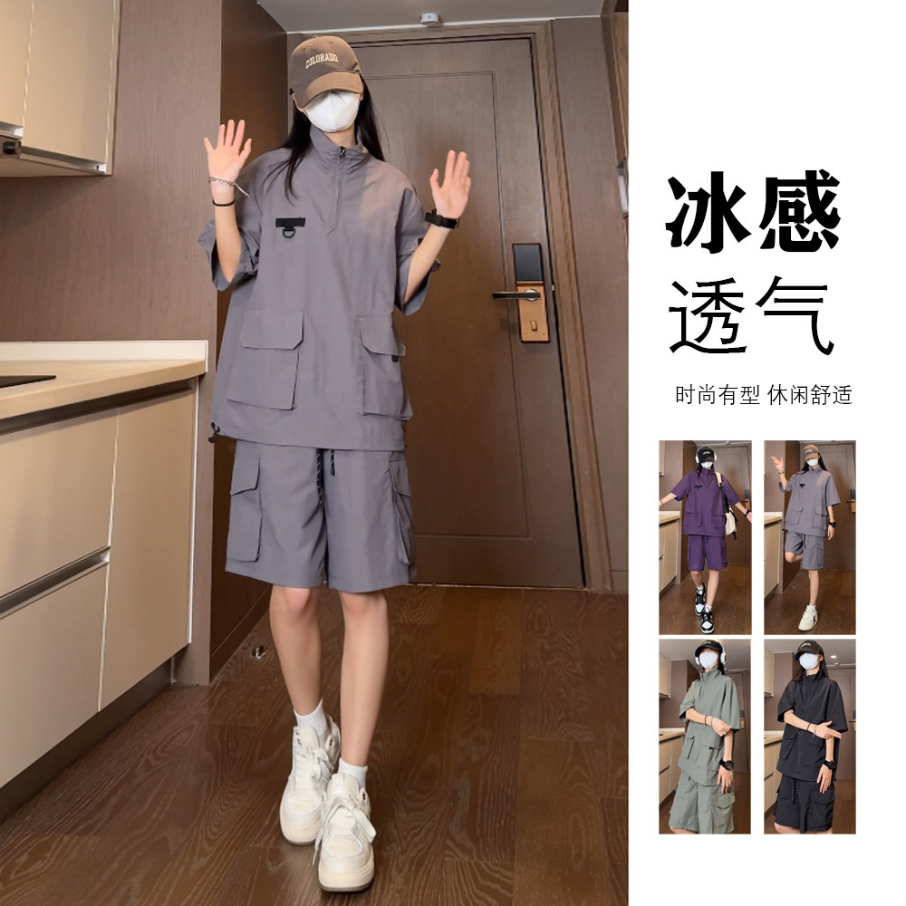 抖音 防水立领工装大口袋衬衫短裤休闲套装 TZ1440特批P65控108图片