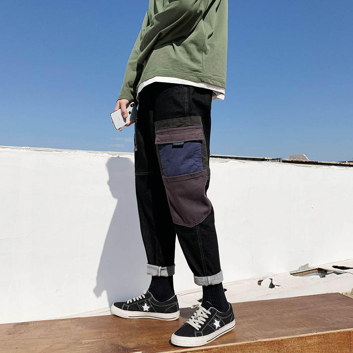 New products in spring: Hong Kong style, neutral trend, color matching jeans, tooling, straight leg, Capris