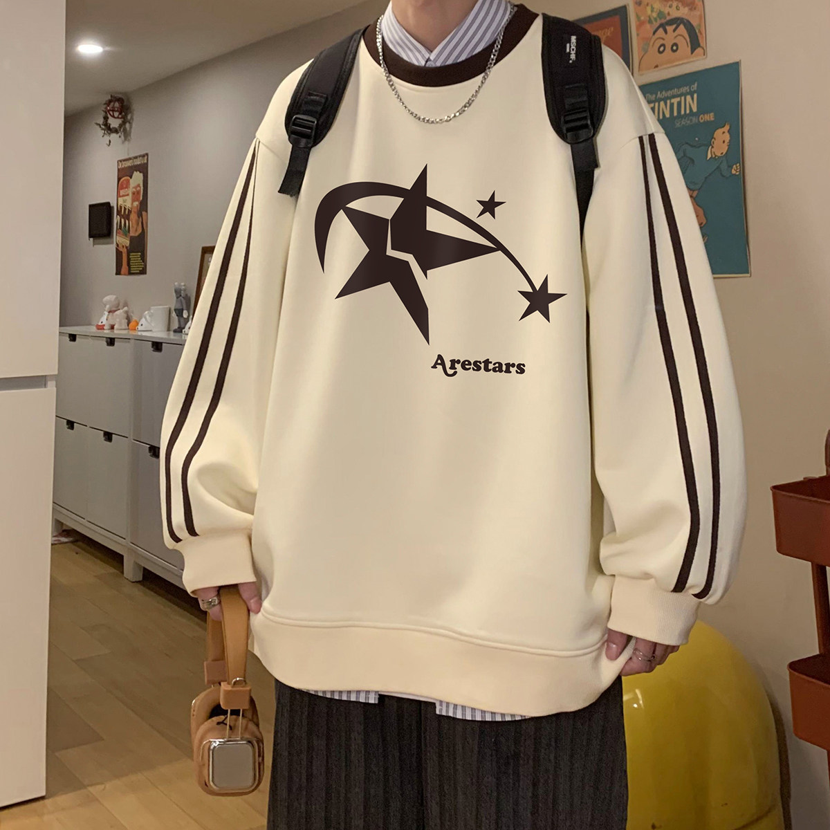 港风 320G高品质23春季潮流圆领重磅卫衣套头无帽上衣B722P55控78图片