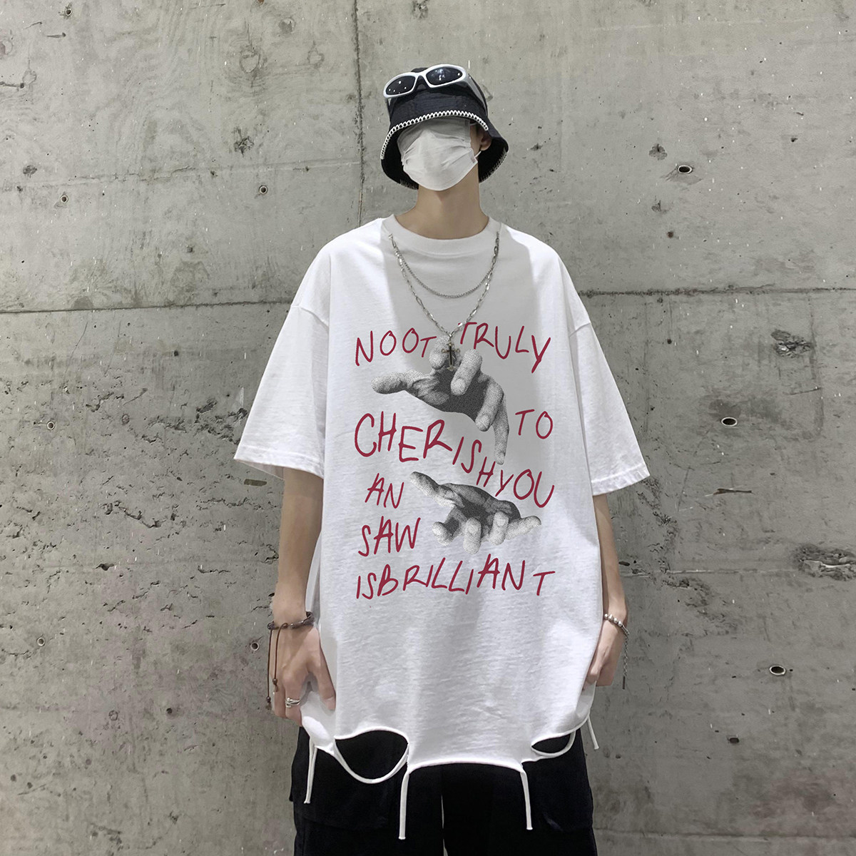 夏季印花做旧纯棉水洗送项链圆领短袖T恤DT351P45控68,男装T恤,电商A247