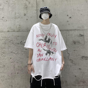 夏季印花做旧纯棉水洗送项链圆领短袖T恤 DT351P45控68图片