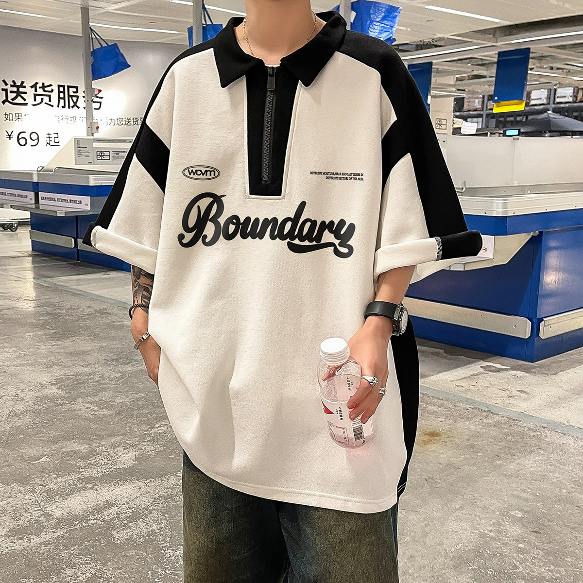夏季潮流半拉链字母印花短袖T恤翻领POLO衫DT3206P45控68,男装T恤,电商A247