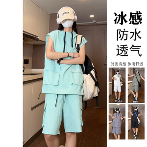 夏季潮流防水多拉链连帽背心T恤+工装短裤套装 TZ1460特批P65控99图片