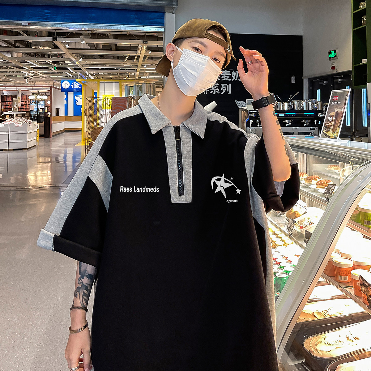 港风23新款夏季时尚百搭翻领半拉链印花短袖T恤DT3208P45控68图片