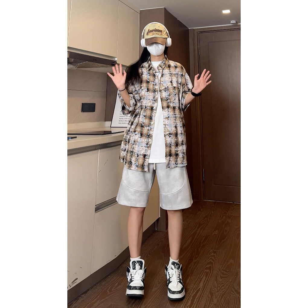 夏季彩格喷墨情侣衬衣宽松短袖衬衫S226特批P40控68,男装衬衫,电商A247