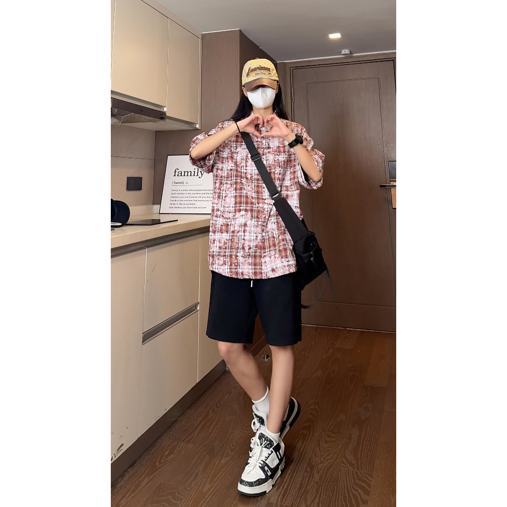 抖音夏季潮流彩格喷墨情侣衬衣宽松短袖衬衫S226特批P40控68,男装衬衫,电商A247