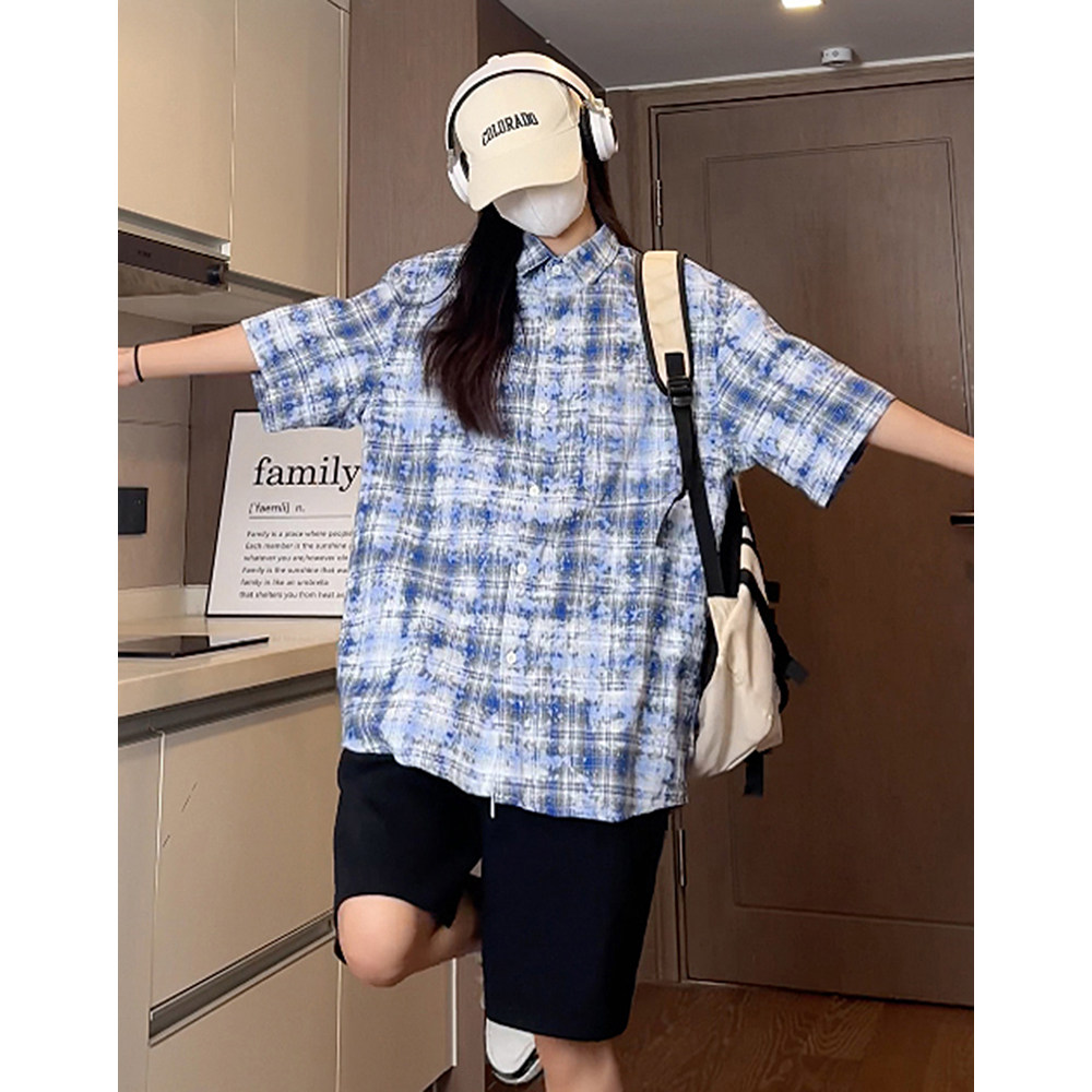 抖音夏季宽松彩格泼墨工艺短袖衬衫男生衬衣S225特批P38控58,男装衬衫,电商A247