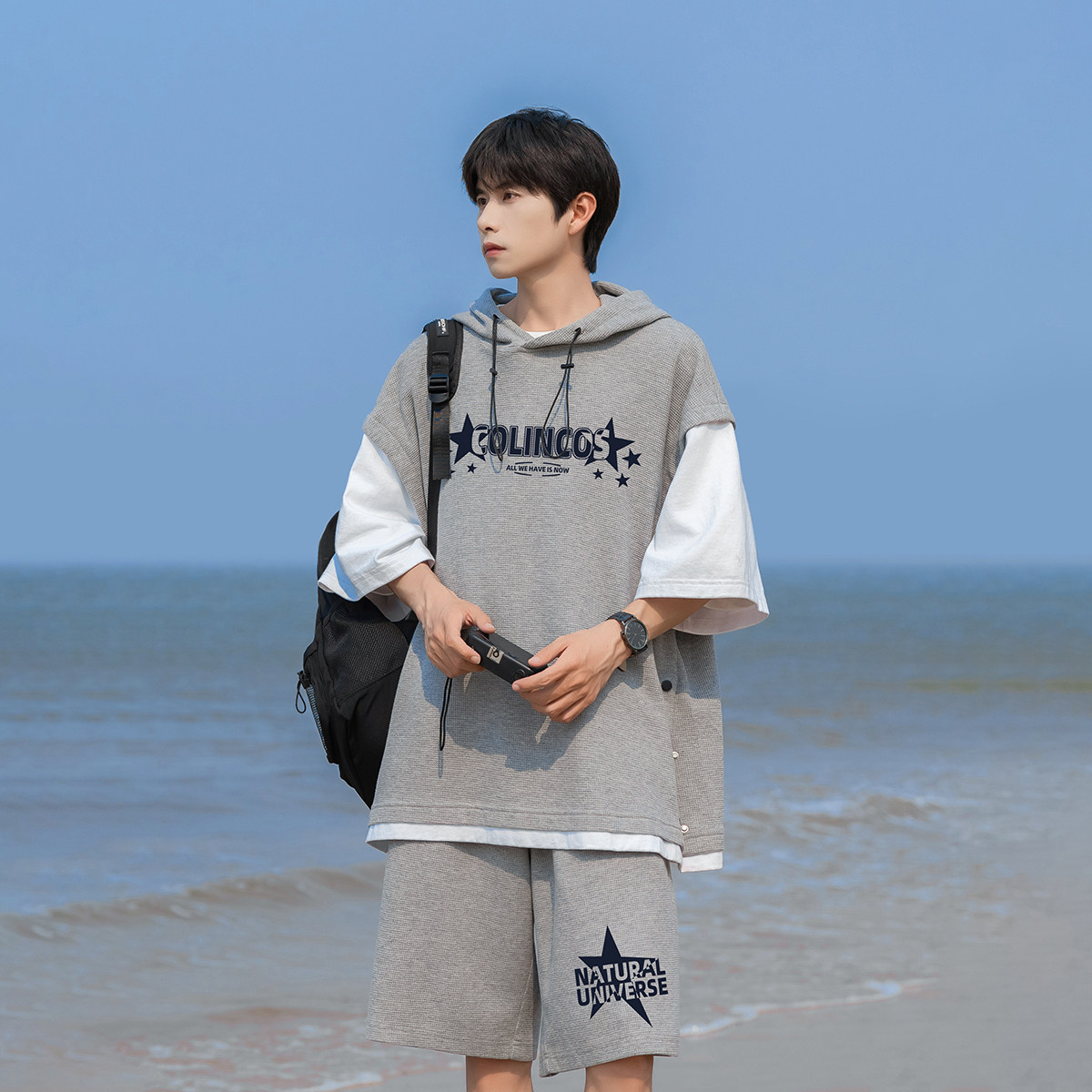 夏季潮流宽松华夫格连帽假两件T恤短裤运动套装TZ712特批P60控98，男装休闲套装，电商A247