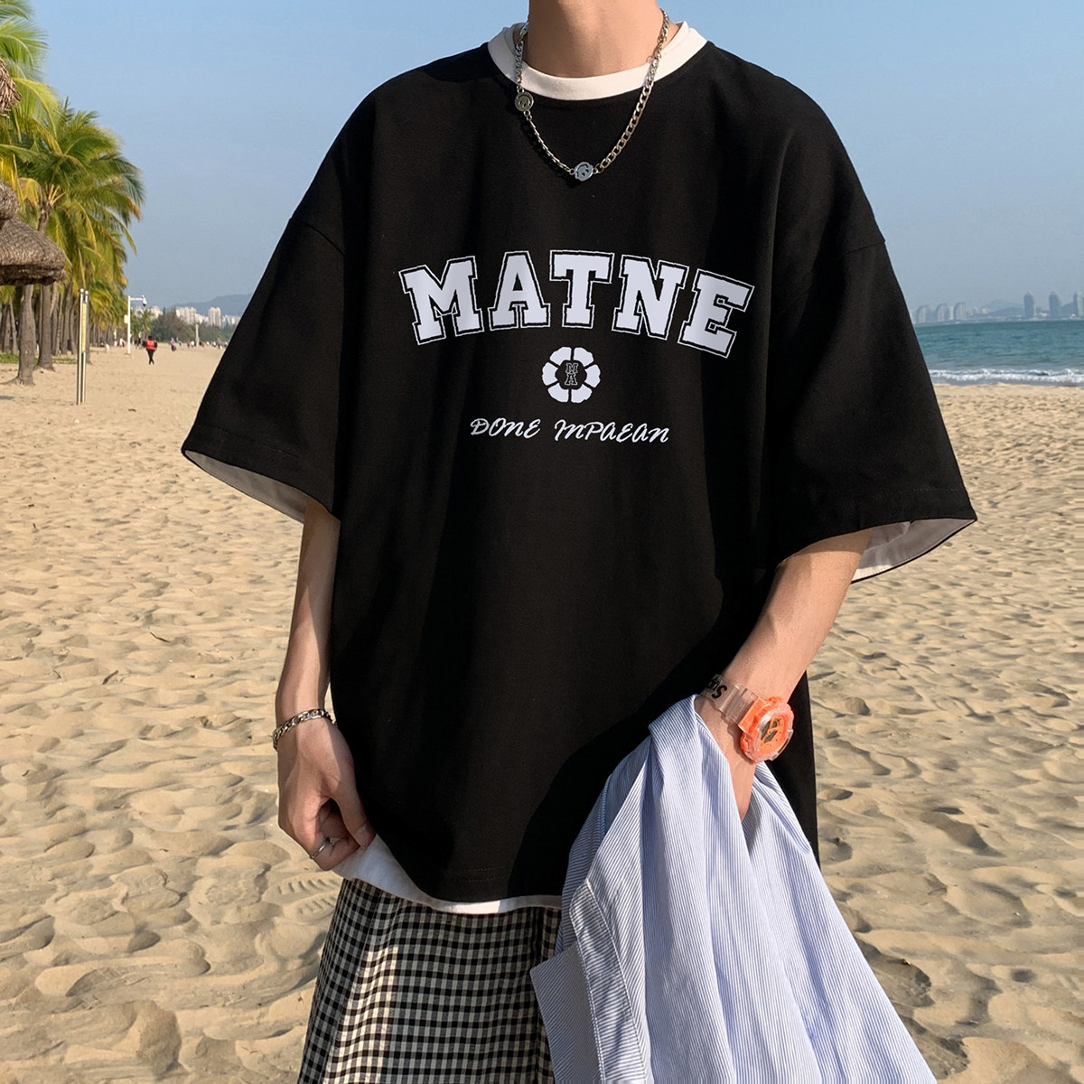 港风23夏季新款时尚字母印花100短袖T恤T266P35控48,男装T恤,电商A247