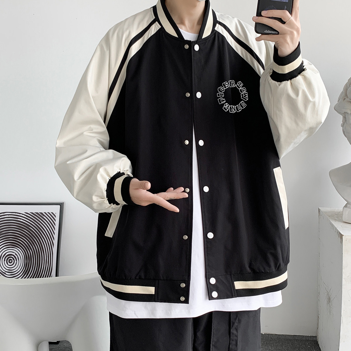 23春季港风时尚拼接拼色排扣棒球服设计感印花夹克JK877P65控88,男装夹克,电商A247