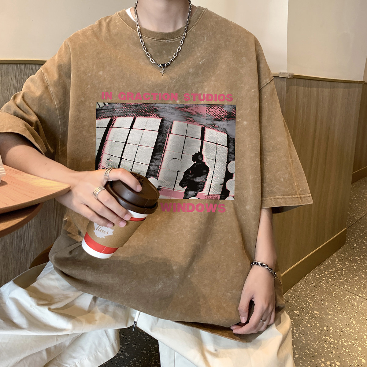 夏季潮流男生水洗炒雪花圆领短袖T恤 DT1023特批P35控58图片