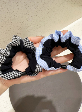 韩系格子蓝色大肠发圈高级感扎马尾发绳小号肠圈皱褶头绳皮筋发绳