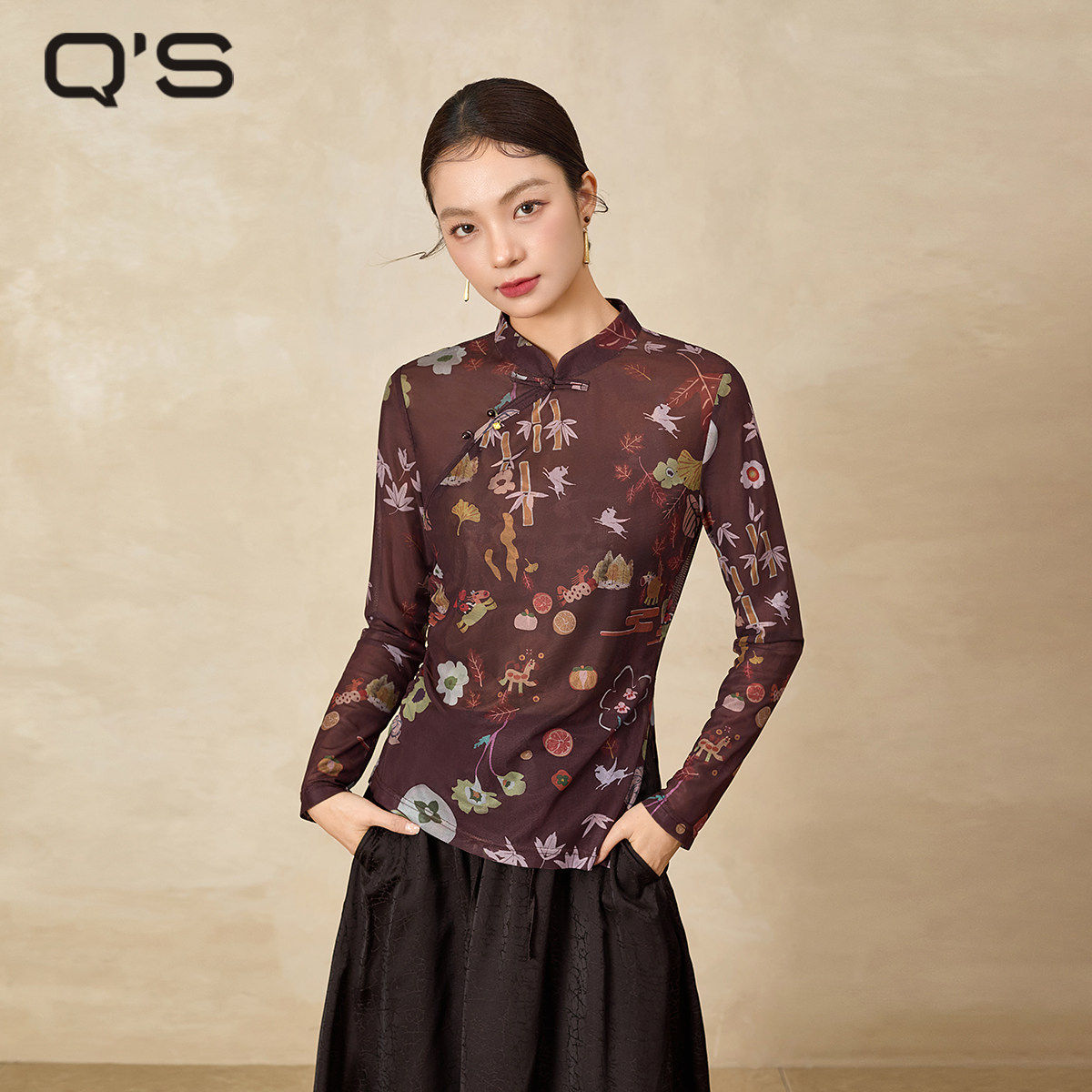 QS秸熙2026春秋新款复古新中式轻国风印花网纱衣轻薄打底T恤上衣
