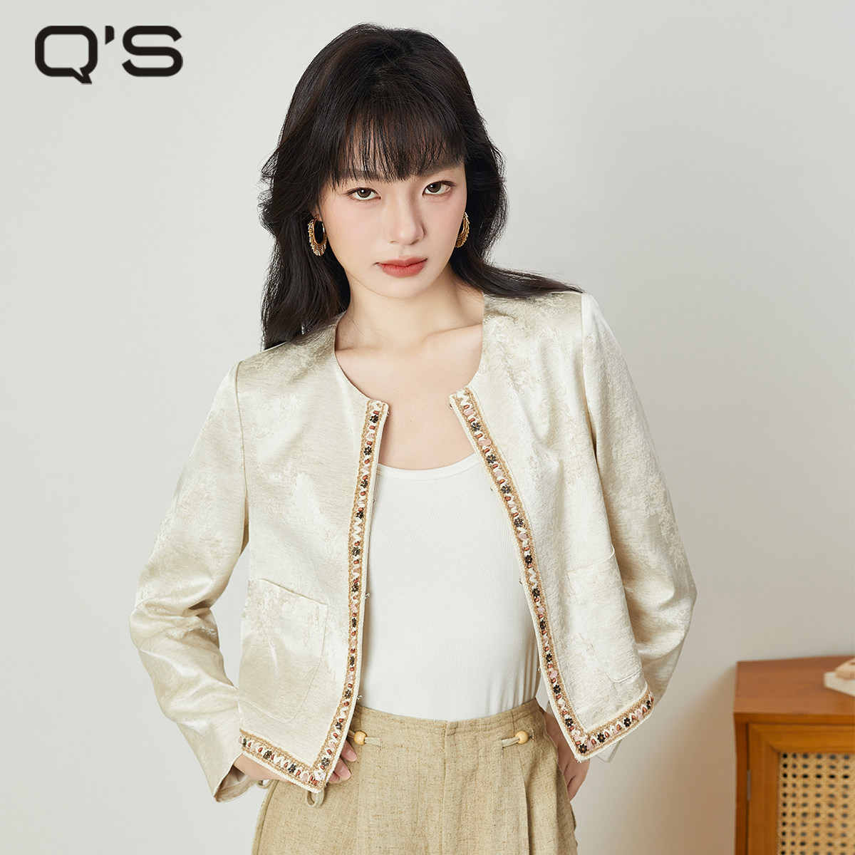 QS秸熙25春夏复古波西米亚风织花边外套女高级感提花显瘦短款上衣,女装/女士精品,短外套,淘宝优惠券,粉丝福利购,淘宝优惠卷