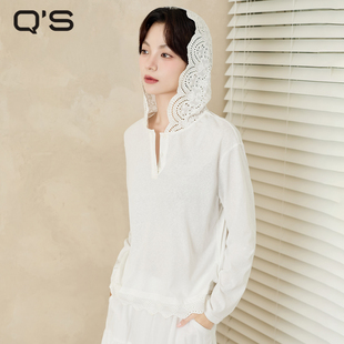 显瘦时尚 百搭纯色宽松连帽T恤镂空花边长袖 上衣 新款 秸熙2025秋季