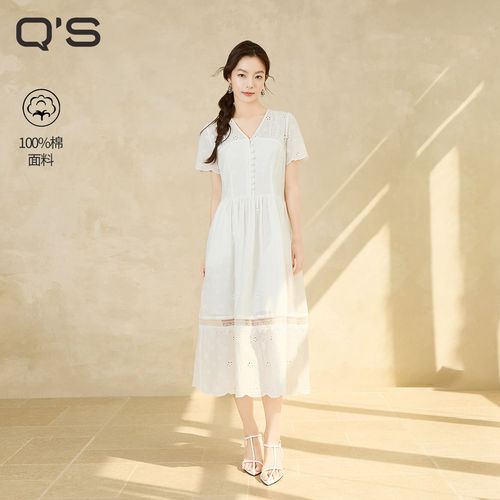 QS秸熙2026夏季新款复古文艺风连衣裙棉布镂空绣花显瘦时尚A摆裙